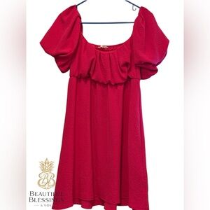 june & hudson Pink Puff Sleeve Mini Dress With Pockets - Easter, Formal, Spring